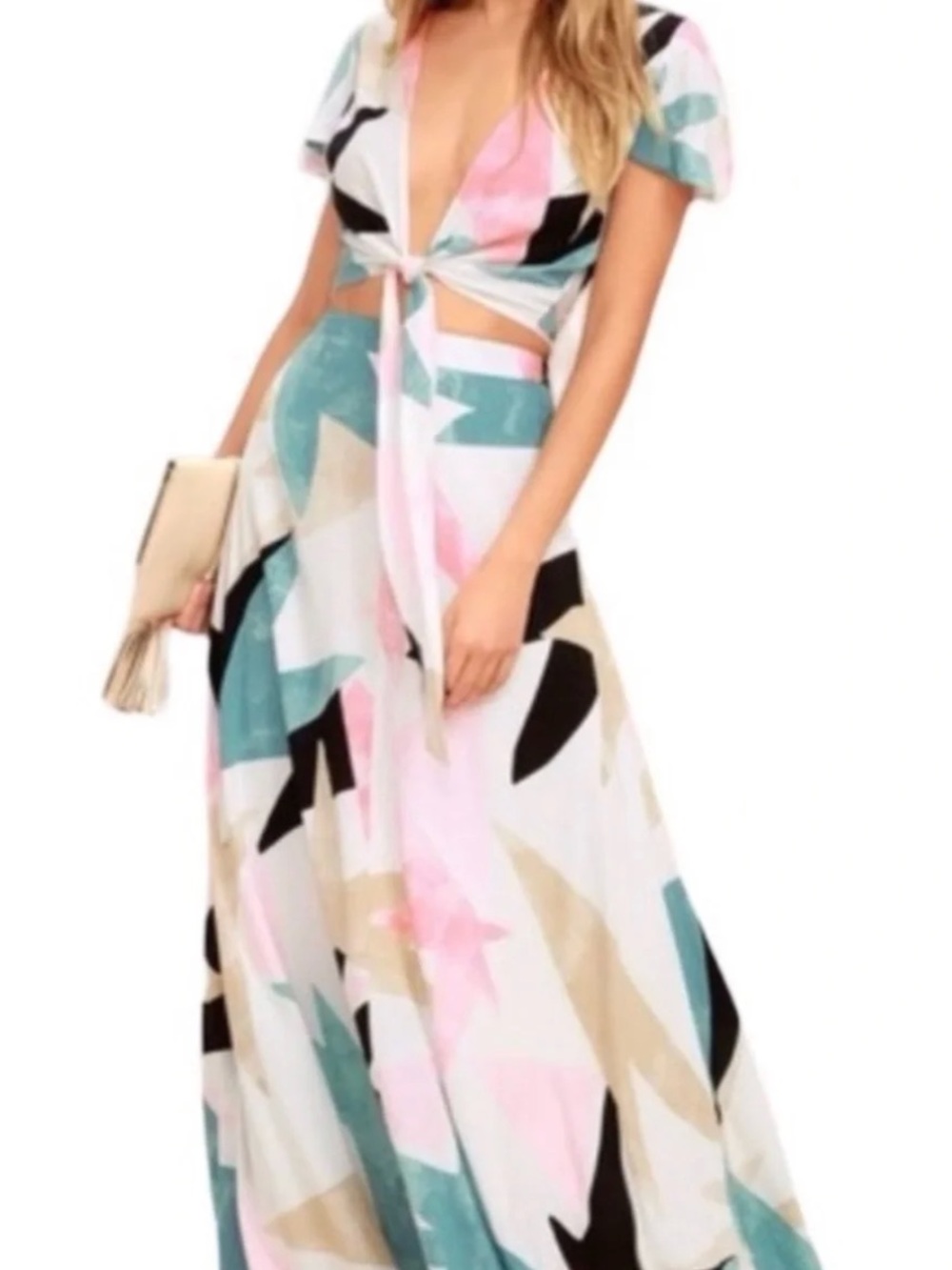 Lulu's Two Piece Pastel Abstract Tie-Front Maxi Dress in White, Pink, Teal
